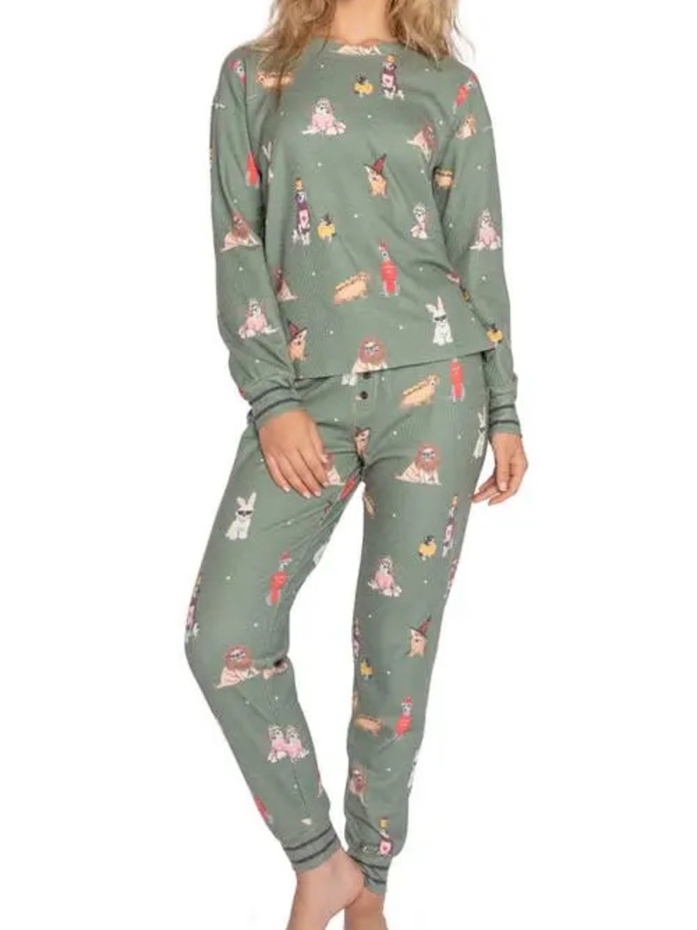 PJ Salvage My Boo Long Sleeve Ribbed Pajama Set Olive Green Cute Puppy Dog Sz XS
